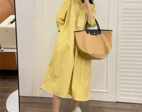 纯甄线北欧极简风 樱花粉泡泡袖裙+奶油黄立...