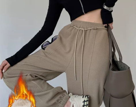 加绒运动裤华夫格卫裤女秋冬款抽绳束脚宽松时...