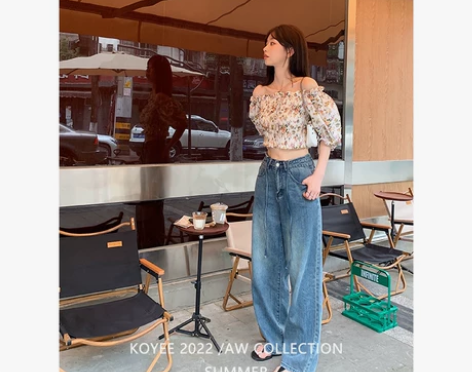 孔一粒线条设计感阔腿牛仔裤女夏季薄款高腰宽...