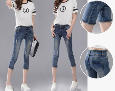 七分牛仔裤女高腰破洞弹力2018夏季新款7...