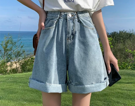 高腰牛仔短裤女五分裤2021年夏新款宽松显...