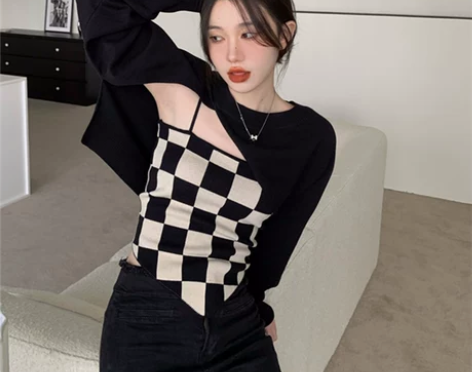 棋盘格小吊带背心女内搭春秋打底性感辣妹抹胸...