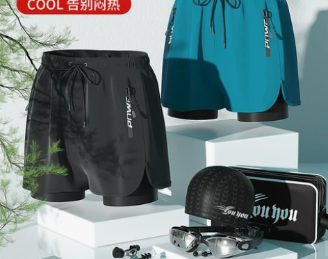 泳裤男防尴尬宽松速干男士游泳裤平角泳衣套装...