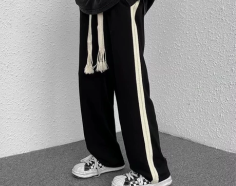 秋冬季白边手工编织抽绳卫裤男休闲宽松直筒垂...