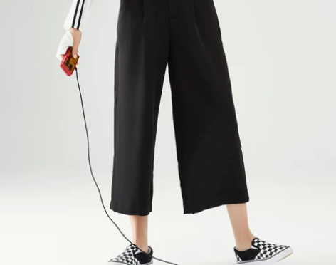 乐町秋季新款女装四合扣开叉阔腿裤西装黑色裤...