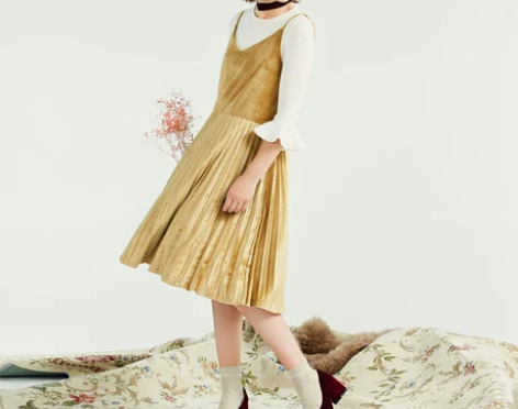 乐町春装新款女装潮吊带连衣裙A字裙中长款裙...