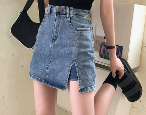 高腰A字裙春秋2021新款开叉裙子牛仔半身...