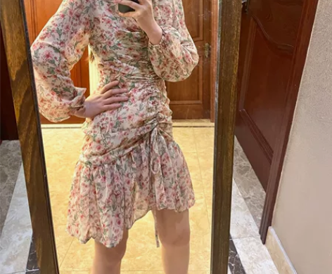 TAIYANG 抽绳收腰小碎花连衣裙法式复...
