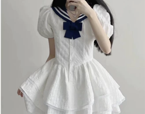 《公主风海军风》裙摆三次蕾丝花边纯欲甜美蓬...