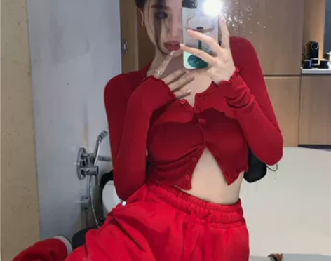 抽绳卫裤女ins潮红色高腰休闲直筒显瘦长裤...