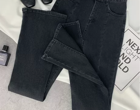 韩国东大门高腰两粒扣设计感裤脚开叉喇叭裤牛...