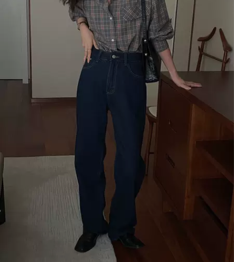 蔚蓝 经典直筒高腰牛仔裤女2022年秋冬百...