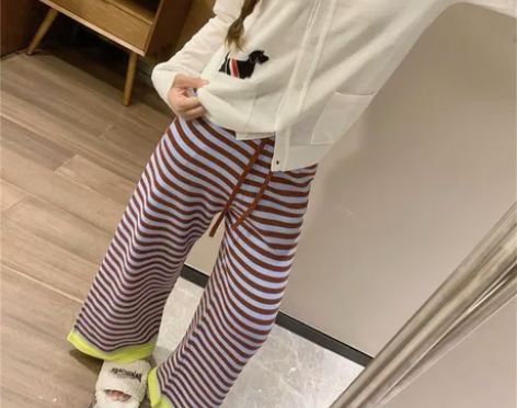 秋冬百搭厚实条纹撞色针织高腰宽松显瘦阔腿裤...