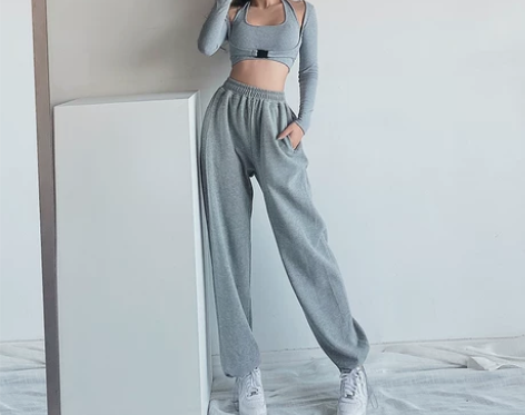 欧美宽松显瘦束脚运动裤女高腰休闲爵士网红阔...