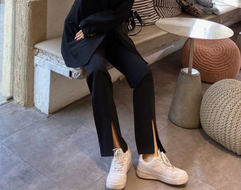 开叉裤阔腿裤女春秋高腰垂感黑色裤子宽松直筒...