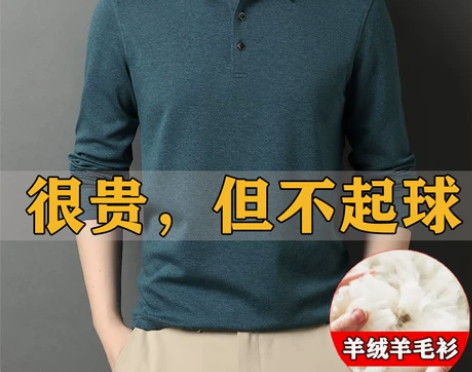 皮尔卡丹长袖T恤男士中年翻领羊绒羊毛pol...