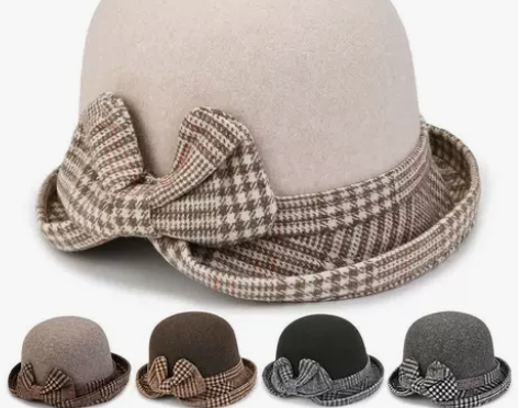 秋冬帽子女士优雅盆帽蝴蝶结格子百搭毛呢时尚...