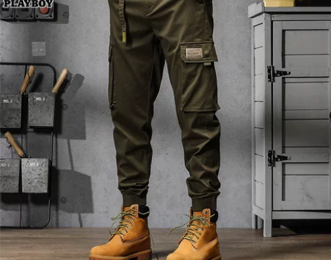 花花公子军绿色工装裤男款秋冬季宽松纯棉潮流...