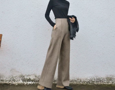 毛呢阔腿裤女长裤冬装新款复古港味宽松直筒坠...