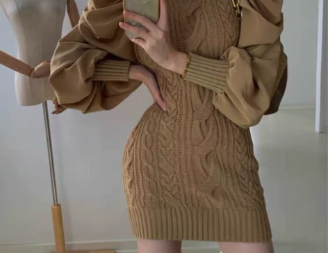 2020秋装新款麻花针织拼接包臀裙气质修身...