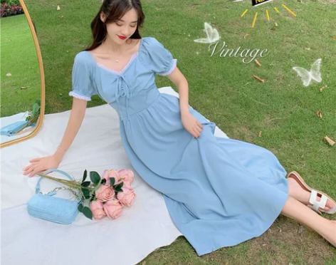 温柔风ins 超仙清新甜美蓝色v领抽褶收腰...