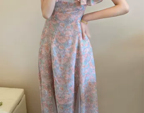 温柔风吊带裙一字肩荷叶边碎花雪纺连衣裙初恋...