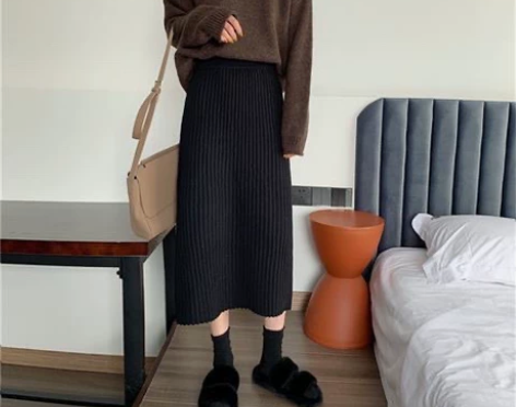 一步裙秋冬新款韩版中长款复古裙子女韩显瘦针...