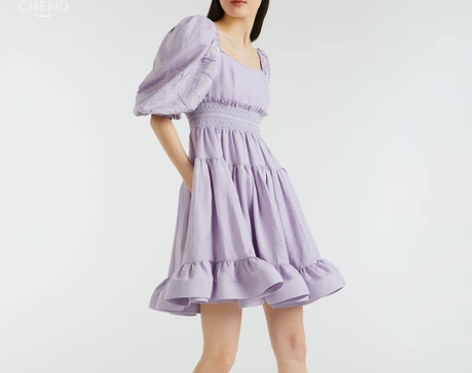 CHENG法式方领泡泡袖连衣裙女2022夏...