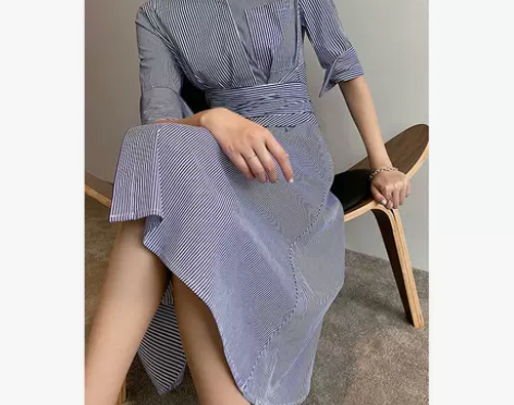 茉兰多竖条纹衬衫裙夏极简风中长款拼接收腰修...