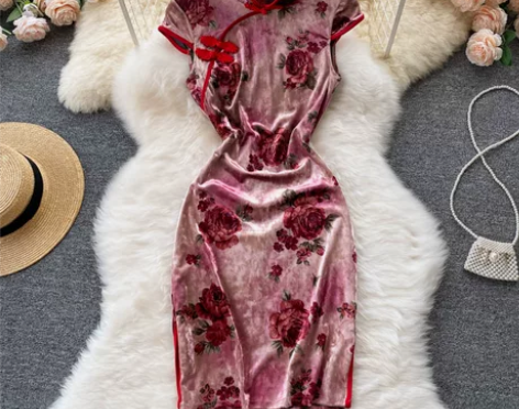 设计感复古丝绒印花民族中国风改良版旗袍短袖...