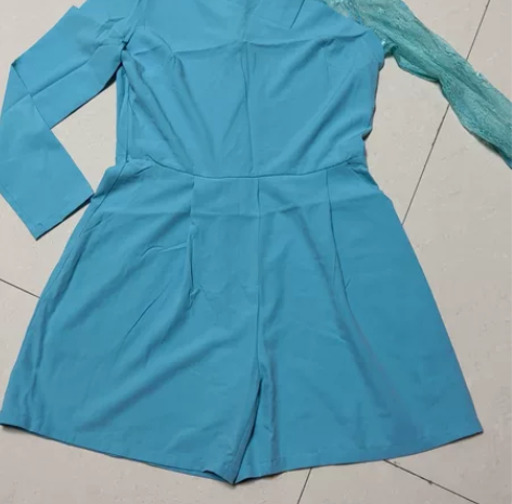 (ε)甜美女人的湖蓝色雪纺连体裤， 一半网...