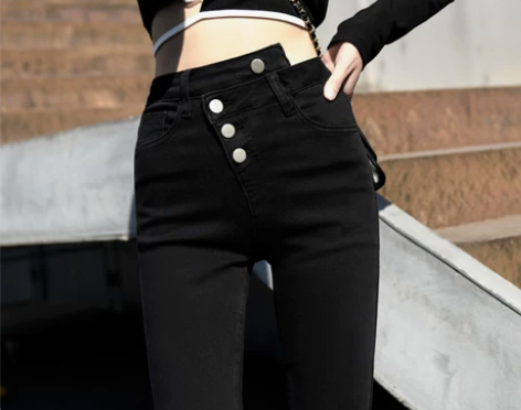 韩国黑色错位排扣高腰牛仔裤女22秋冬新款薄...