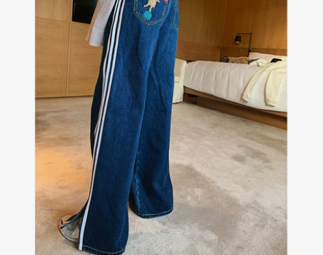 地球店撞色拼接高腰牛仔裤女2021秋薄款小...