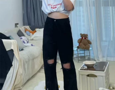 黑色直筒破洞牛仔裤女高腰春夏显瘦梨形身材 ...