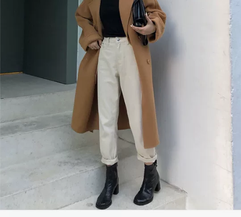 ?2020秋冬米白色牛仔裤女宽松直筒九分裤...