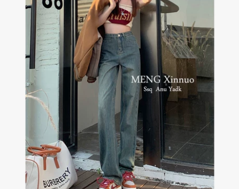 复古水洗蓝高腰阔腿牛仔裤女设计感做旧宽松直...