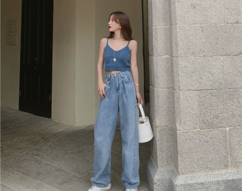 港味复古宽松高腰显腿长阔腿牛仔裤老爹裤+针...