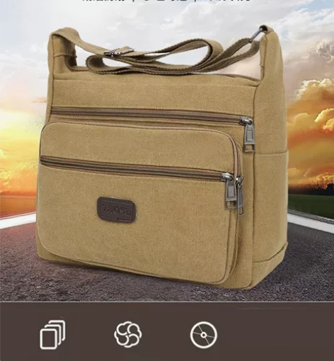 新款帆布包青年多功能单肩包方形纯色男士大容...