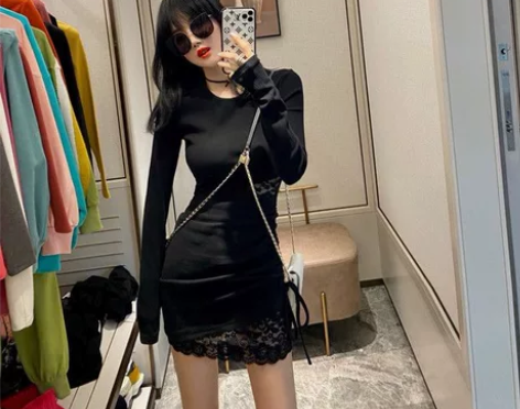 针织打底连衣裙女秋冬季内搭裙子性感蕾丝拼接...