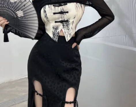 小香风高腰开叉半身裙女a字裙波点包臀裙子辣...