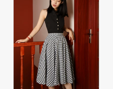 黑白格高腰半身裙中长款A字裙 L码，腰围7...