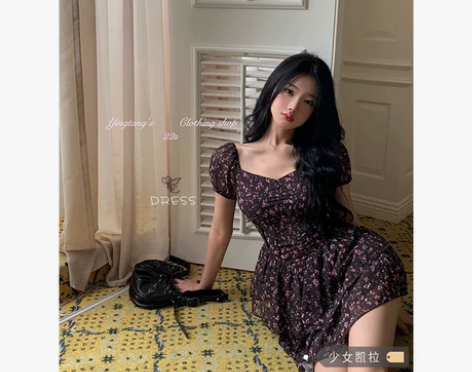 少女凯拉~辣妹泡泡袖碎花连衣裙女装夏季新款...