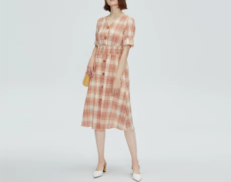 爱居兔夏季女装裙子v领法式复古格纹时尚钮扣...