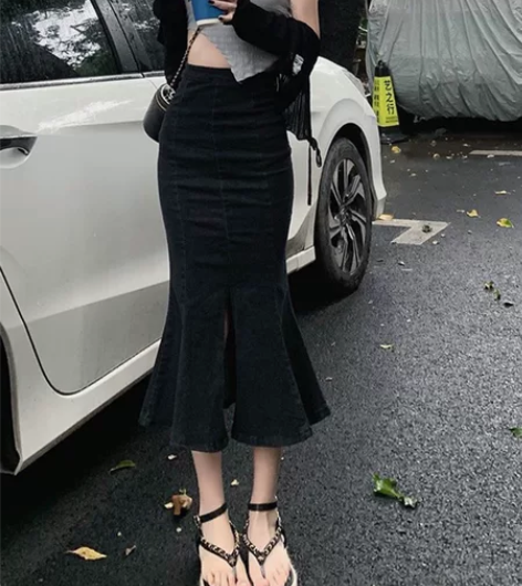 包臀牛仔半身裙女2022夏季新款高腰显瘦黑...