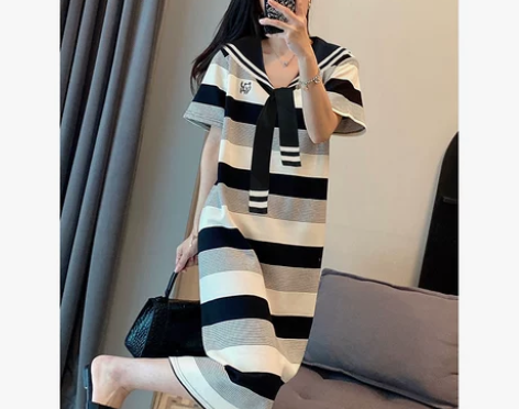 【狂欢价】海军领条纹连衣裙女学院风中长款减...