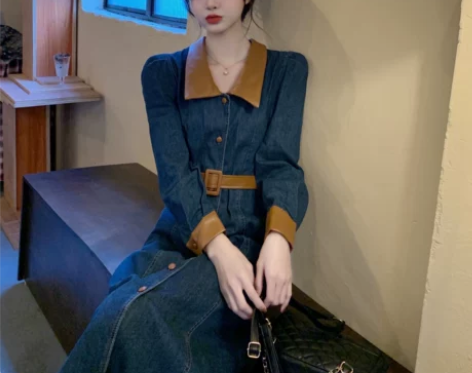 大码胖MM牛仔连衣裙女港风秋季新款复古翻领...