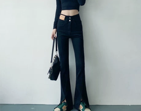 2021年秋季新款高腰弹力开叉加绒微喇叭黑...