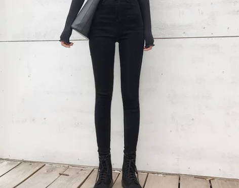 黑色高腰小脚牛仔裤女2020秋冬新款九分加...