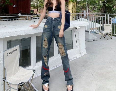 WYZF乞丐破洞高腰直筒牛仔裤女2022年...