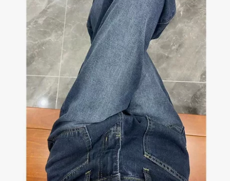 新款复古高腰阔腿宽松水洗蓝直筒牛仔裤女 这...